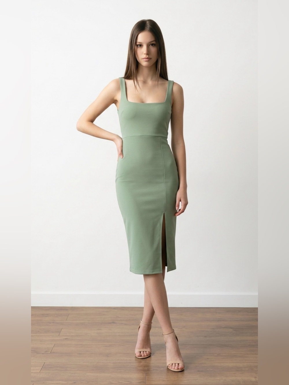 Sleeveless Sage Green Midi Dress with Front Slit